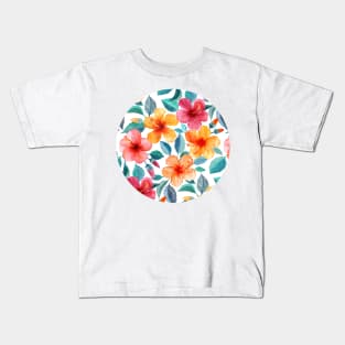 Colorful Watercolor Hibiscus on Clean White Kids T-Shirt